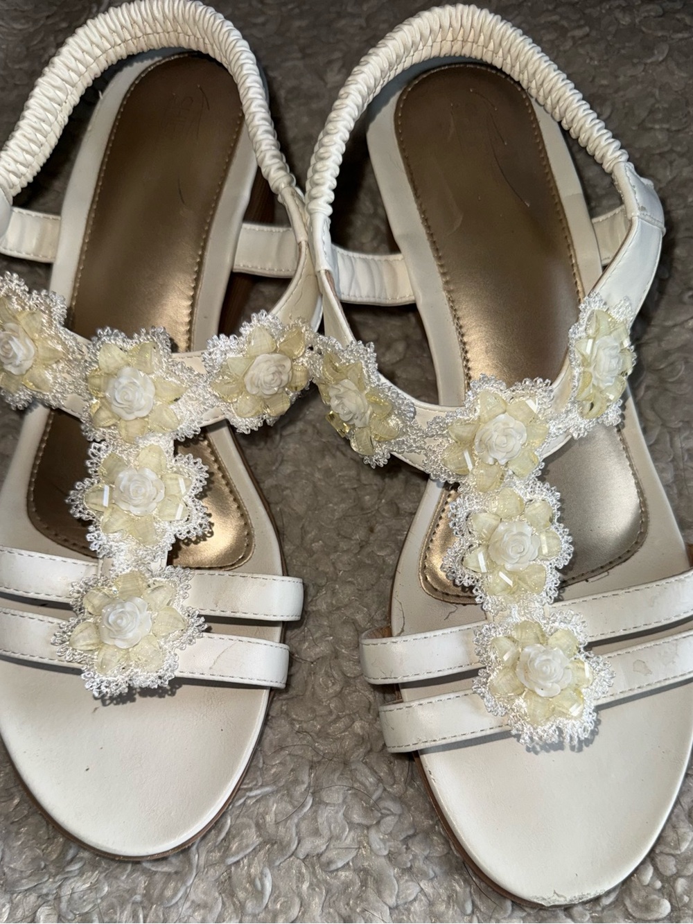 Women's White Floral T-Strap Sandals with Ivory Appliqués